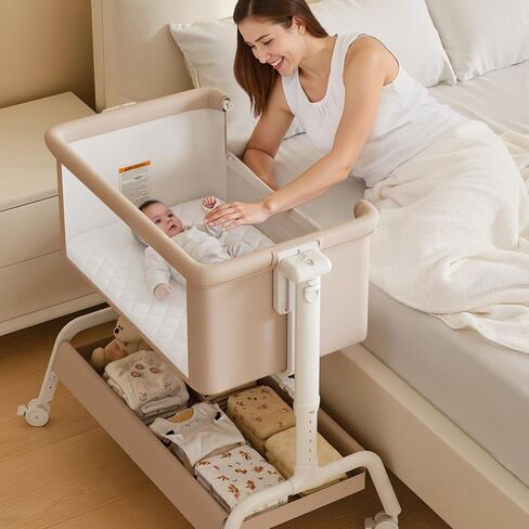 3-in-1 bassinet ، bassinet rocking ، bassinet بجانب السرير للطفل ، نائم السرير المستقر والآمن للولودات حديثي الولادة والرضع ، 6 ارتفاع قابل للتعديل مع العجلات ، والمراتب وشبكة التنفس (khaki) in Saudi Arabia