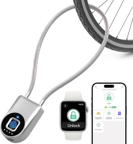 قفل بصمة الإصبع eLinkSmart، قفل كابل بصمة الإصبع مع تطبيق بلوتوث كونترال، قفل كابل ذكي بدون مفتاح مقاوم للماء مقاس 15 بوصة عالي التحمل مضاد للسرقة للدراجة، في الهواء الطلق، الثلاجة، البوابة، السياج، أسود in Kuwait