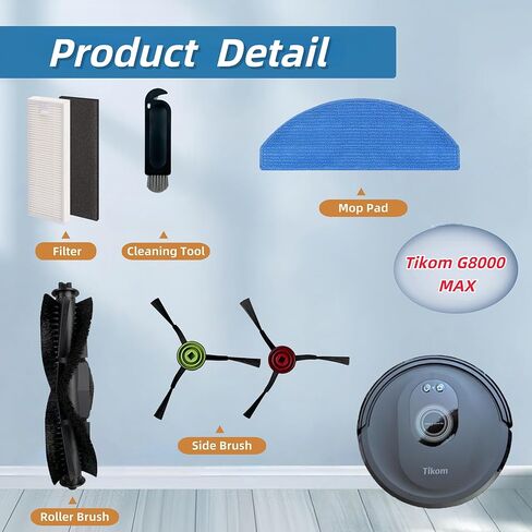 قطع غيار متوافقة مع Tikom G8000 MAX Tikom L8000 Pro (إصدارات 2025 سنة) ملحقات قطع غيار المكنسة الكهربائية الروبوتية، 1 فرشاة دوارة رئيسية، 4 فرش جانبية، 4 مرشحات هيبا، 3 وسادات ممسحة in Kuwait