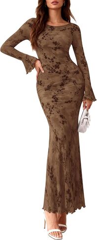 فستان Prettygarden للسيدات الزهور Bodycon Maxi 2025 Fall Selegant Mesh Long Sleeve Descal Wedding Guest Cocktail Dresses in Saudi Arabia
