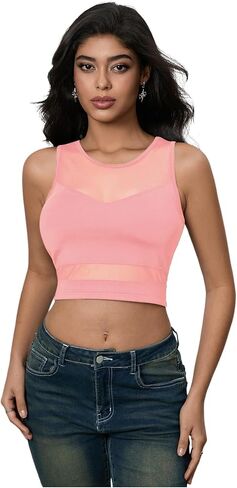 Women's Sheer Mesh Sleeveless Tank Top Slim Fit Crew Neck Crop Tops Party Club Tops in Saudi Arabia