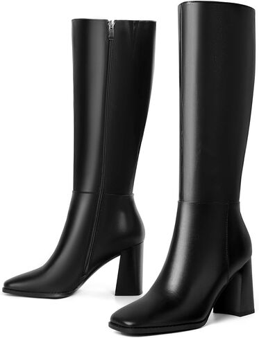vivianly Knee High Boots for Women Platform Square Toe Chunky Heel Wide Calf Gogo Boots with Side ZIpper Long Boots in Kuwait