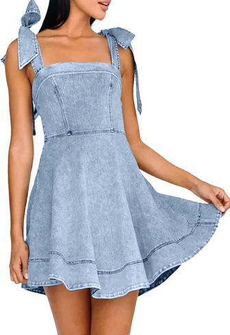 Women’s Summer Tie Shoulder Sleeveless Denim Mini Dress Ruffle A Line Swing Short Denim Dress in Saudi Arabia