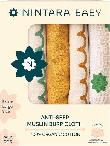 عبور الملابس-100 ٪ من قطن الشاش العضوي المتميز ، 22 "× 12" ، 7 طبقات مقاومة للماء ، قابلة للانعكاس ، ناعمة ونقص على جالفة ، هدايا حديثي الولادة ، حزمة 5 in Kuwait