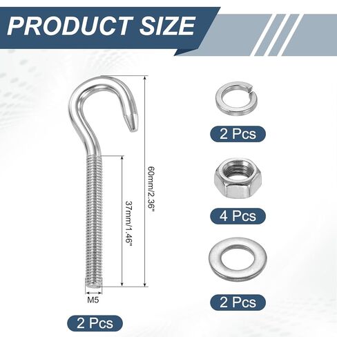 PATIKIL 2 Pcs M5 Hook Bolt, 2.3 Inch Stainless Steel Lifting Shoulder Eye Bolts with Double Nuts and Flat Washer Spring Washer for Indoor Outdoor in Saudi Arabia