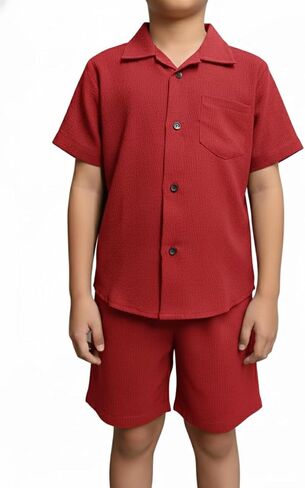 Optranest Toddler Baby Boy Close Summer Colling Block Short Sleeve Button Button Down Tops + Cotton Pants Outfit Set in Kuwait