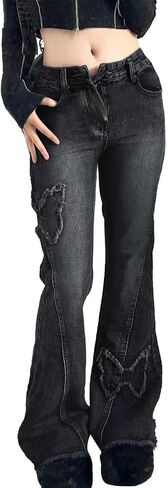 Womens Petite Flare Jeans Y2K Butterfly Low Rise Denim Pants Vintage Grunge Distressed Baggy Jeans in Saudi Arabia