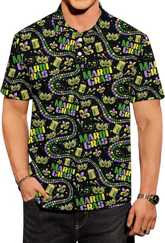 Arvilhill Men's Mardi Gras Polo Shirt Fat Fat Tuesday مخطط قصير الأكمام قميص الجولف (S-3XL) in Saudi Arabia
