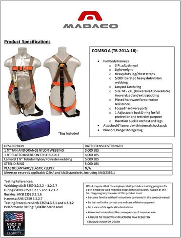 Madaco Safety Products Roof Construction Fall Protection Full Body Industrial Safety Harness Internal Shock Absorbing 6FT Lanyard Kit Size M-XXL in Saudi Arabia