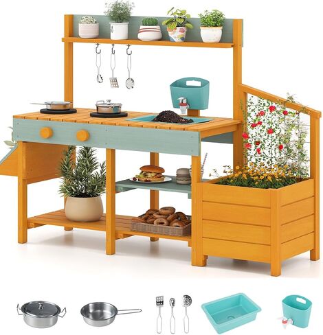 INFANS Mud Kitchen, Outdoor Play Kitchen with Faucet Chalkboard Stoves Removable Sink Cooking Accessories Wooden Kids Kitchen Playset Backyard Garden Toys Gift for Boys Girls Ages 3+ in Kuwait