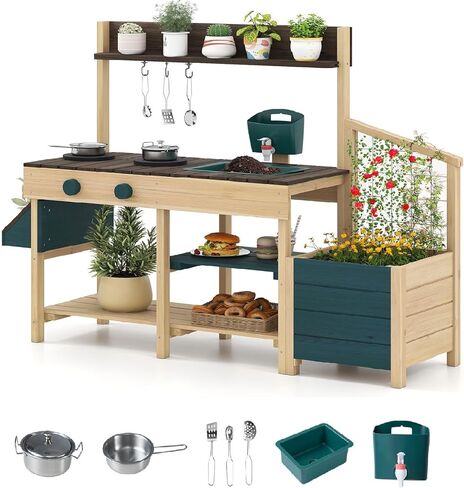 INFANS Mud Kitchen, Outdoor Play Kitchen with Faucet Chalkboard Stoves Removable Sink Cooking Accessories Wooden Kids Kitchen Playset Backyard Garden Toys Gift for Boys Girls Ages 3+ in Saudi Arabia