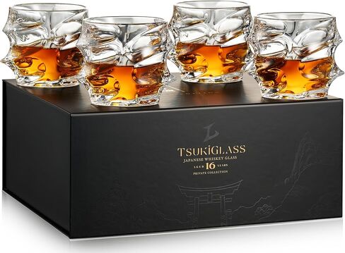 مجموعة أكواب الويسكي الكريستالية اليابانية الفاخرة من TSUKIGLASS® Storm مكونة من 4 قطع - صندوق جاهز للهدايا، 100% كريستال فائق الوضوح خالٍ من الرصاص، أكواب 10 أونصة للبوربون والسكوتش والكوكتيلات، هدية فاخرة للرجال in Saudi Arabia