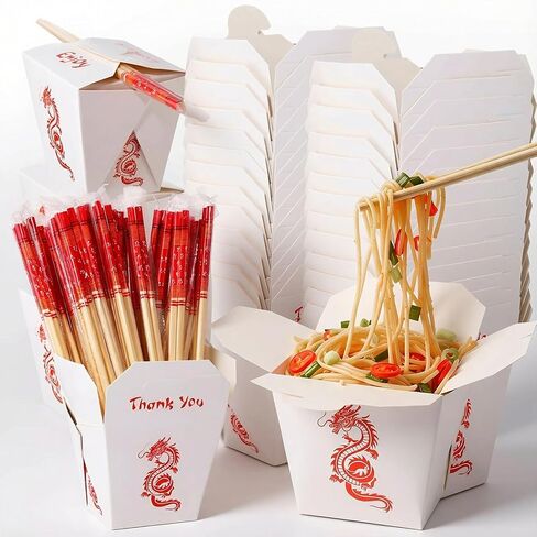Honeydak 50 Sets Chinese Take out Boxes with Separated Bamboo Chopsticks 16 oz Food Takeout Containers for Birthday Christmas Party Event Restaurant, Ready to Use in Saudi Arabia