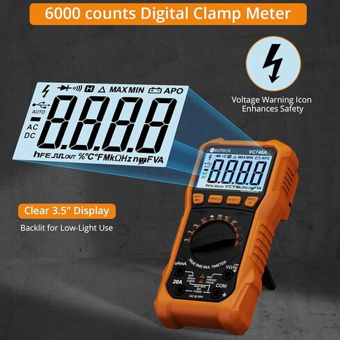 Neoteck 6000 Counts Digital Multimeter for DC AC Voltage/Current TRMS Voltmeter with Test Probe Auto Range Multimeter with NCV Live for Temperature Capacitance Resistance Diode Continuity-Orange in Saudi Arabia