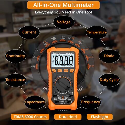 Neoteck 6000 Counts Digital Multimeter for DC AC Voltage/Current TRMS Voltmeter with Test Probe Auto Range Multimeter with NCV Live for Temperature Capacitance Resistance Diode Continuity-Orange in Saudi Arabia