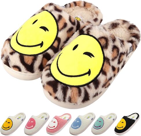 Womens Mens Smile Face Slippers Soft Plush House Slippers Retro Happy Slip-On Slides Winter Warm Comfy Memory Foam Fluffy Indoor Outdoor Shoes in Saudi Arabia