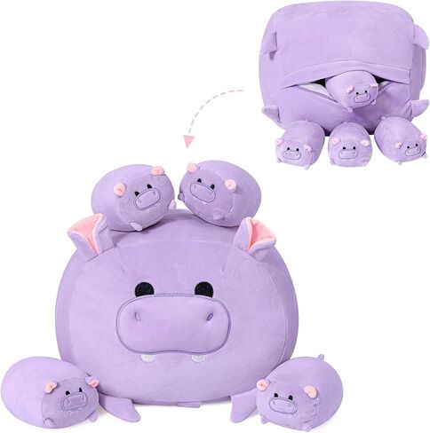 Peach Cat Hippo محشو الحيوانات 1 Mommy 15.7 "Hippopotamus Plushies مع 4 أطفال لطيفون في الداخل ، 5 قطع ألعاب مجموعة هدايا للأطفال الأرجواني in Kuwait