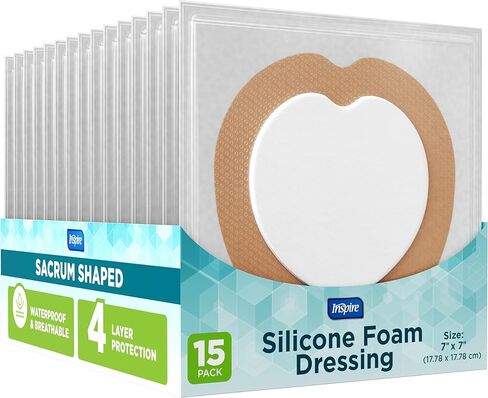 Inspire Sacral Silicone Foam Dressing Large Waterproof Bandages for Wounds, Burns & Bed Sores Safe for Sensitive Skin, Adhesive Pad Sacrum Dressings for Post-Surgery Wound Care (7 x 7 in) (15 Pack) in Saudi Arabia
