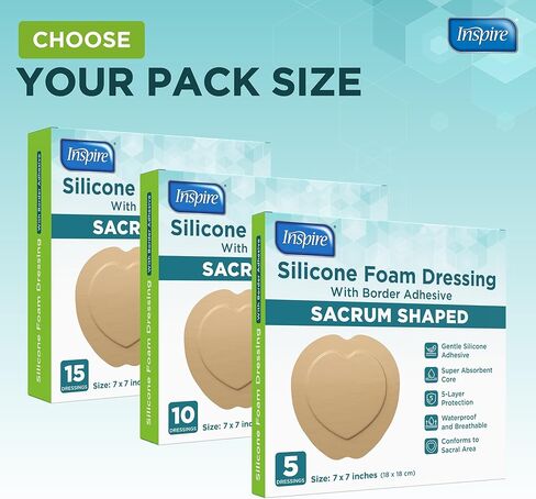 Inspire Sacral Silicone Foam Dressing Large Waterproof Bandages for Wounds, Burns & Bed Sores Safe for Sensitive Skin, Adhesive Pad Sacrum Dressings for Post-Surgery Wound Care (7 x 7 in) (15 Pack) in Saudi Arabia