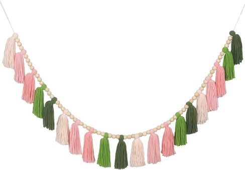 Pink Yarn Tassel Garland Boho Preppy Wall Hanging Decor Bunting Banner Tassels with Wood Bead for Nursery Classroom Office Birthday Party Baby Shower Kids Girls Dorm Bedroom Decorations in Kuwait