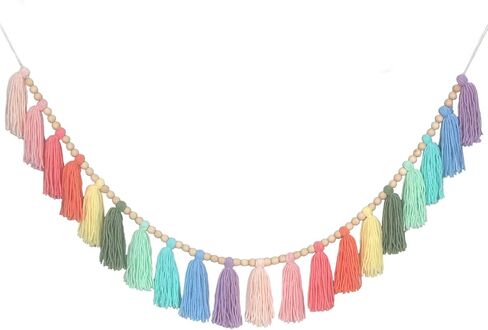 Pink Yarn Tassel Garland Boho Preppy Wall Hanging Decor Bunting Banner Tassels with Wood Bead for Nursery Classroom Office Birthday Party Baby Shower Kids Girls Dorm Bedroom Decorations in Kuwait