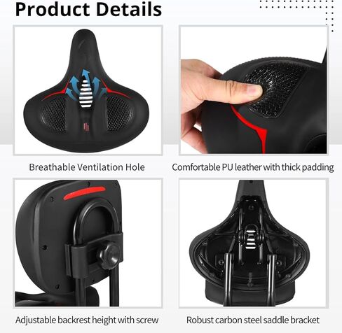 Bike Seat with Backrest - Oversized Bicycle Saddle with Back Support, Wide Bike Padded PU Cushion Saddle, Universal Saddle Replacement for Tricycle, Height Adjustable, Black Red in Saudi Arabia