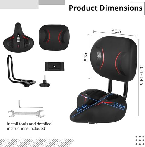 Bike Seat with Backrest - Oversized Bicycle Saddle with Back Support, Wide Bike Padded PU Cushion Saddle, Universal Saddle Replacement for Tricycle, Height Adjustable, Black Red in Saudi Arabia