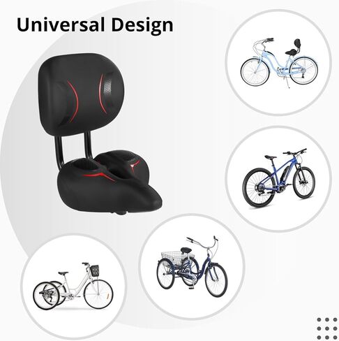 Bike Seat with Backrest - Oversized Bicycle Saddle with Back Support, Wide Bike Padded PU Cushion Saddle, Universal Saddle Replacement for Tricycle, Height Adjustable, Black Red in Saudi Arabia
