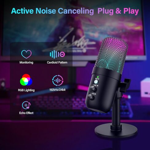 USB Microphone, Computer Condenser Mic with Noise Cancellation, Echo Mode, RGB Lighting, Mute Button, Plug & Play Gaming Mic for PC, Mac, PS5, Streaming, Recording, Podcasting & Online Meetings in Saudi Arabia