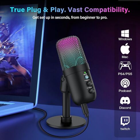 USB Microphone, Computer Condenser Mic with Noise Cancellation, Echo Mode, RGB Lighting, Mute Button, Plug & Play Gaming Mic for PC, Mac, PS5, Streaming, Recording, Podcasting & Online Meetings in Saudi Arabia
