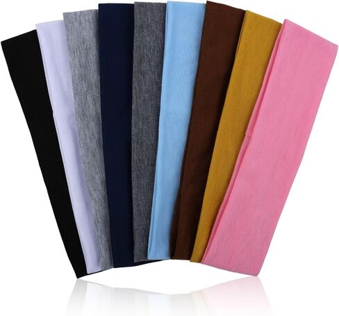 9Pcs Headbands for Women & Men, Non Slip Sweat Band Fashion Elastic Head Bands for Women's Hair, Soft Hair Bands Cotton Cloth Stretchy Headband for Daily Workout Yoga Running Sports (9Colors-1) in Kuwait