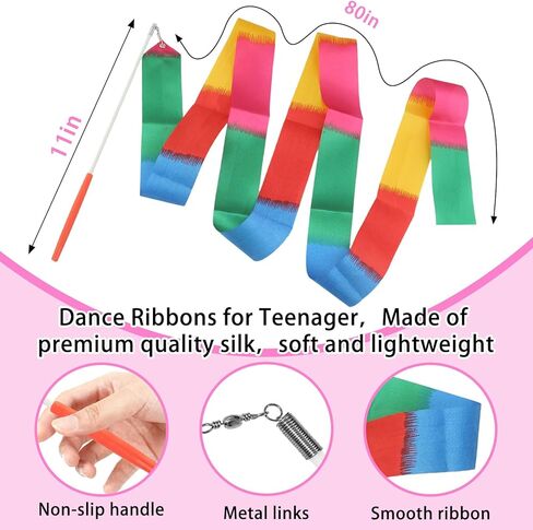 Quynhni Dance Baton,Batons for Twirling 22 inches Stainless Steel Material Gymnastics Wand and 3 Rainbow Hair Bands Suitable for Beginners Silver and Pink in Saudi Arabia