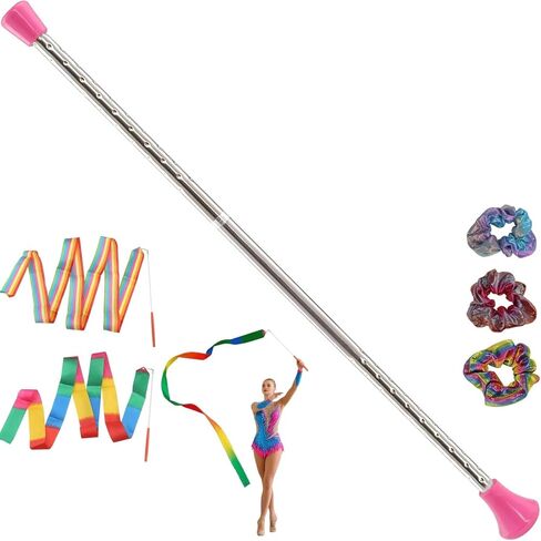 Quynhni Dance Baton,Batons for Twirling 22 inches Stainless Steel Material Gymnastics Wand and 3 Rainbow Hair Bands Suitable for Beginners Silver and Pink in Saudi Arabia