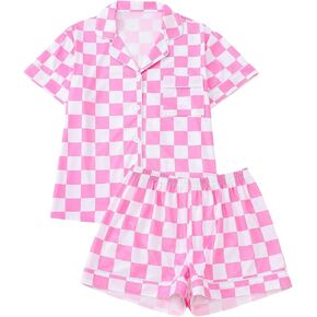 Wdirara Women's Plaid Checkered Pajama تعيين زر قصير الأكمام أسفل السراويل القصيرة PJS 2 قطعة سمين in Kuwait