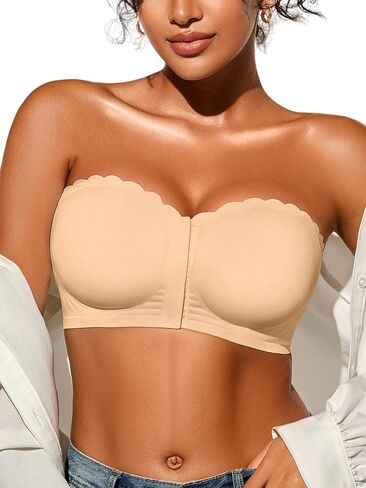 Strapless Bras for Women, XL, Front Closure Anti-Slip Comfortable Bandeau Top, Wavy Edge Padded Bra White in Saudi Arabia