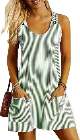 etcyy جديدة للسيدات بلا أكمام فساتين صيفية 2025 cusual u الرقبة sundresses مخططة فستان قصير المطبوع مع جيب in Saudi Arabia
