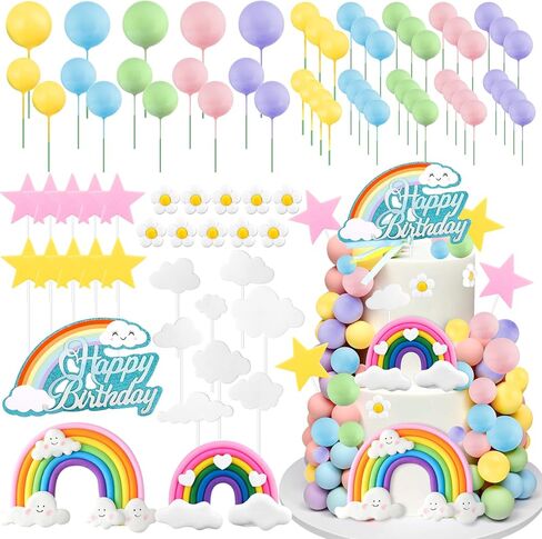 81PCS Rainbow Cake Topper Boho, Hippie Pastel Balls for Birthday & Wedding, Groovy Cake Decorations Party Supplies in Saudi Arabia