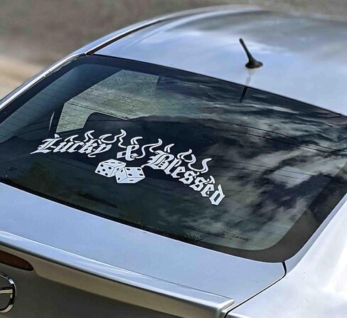 Lucky & Blessed Dize Banner Windshield Rear Window Decal Car Sticker Banner JDM Vinyl Graphics Stance Kanji KDM (8.6" x 24", White Glossy) in Saudi Arabia