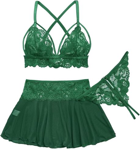 Sexy Mini Skirt with G-String Floral Lace Sheer Bralette Lingerie Set 3 Piece Otufits in Saudi Arabia