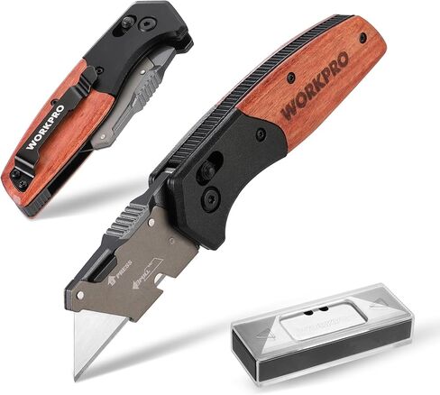 WORKPRO Folding Utility Knife, Razor Blade Knife with Axis Lock, Quick Change Box Cutter, EDC Wood Handle Foldable Pocket Cutter, Extra 10PC SK5 Blades Included in Kuwait
