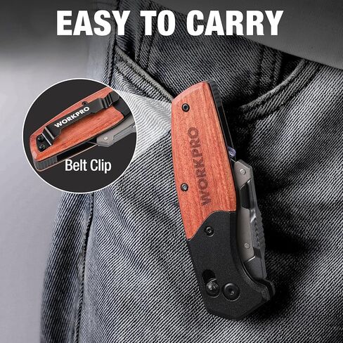WORKPRO Folding Utility Knife, Razor Blade Knife with Axis Lock, Quick Change Box Cutter, EDC Wood Handle Foldable Pocket Cutter, Extra 10PC SK5 Blades Included in Kuwait