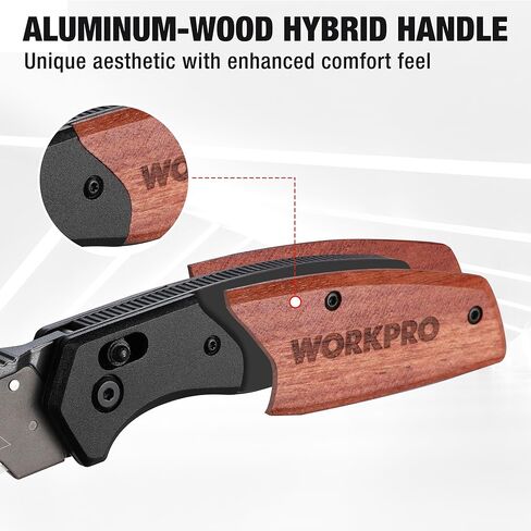 WORKPRO Folding Utility Knife, Razor Blade Knife with Axis Lock, Quick Change Box Cutter, EDC Wood Handle Foldable Pocket Cutter, Extra 10PC SK5 Blades Included in Kuwait