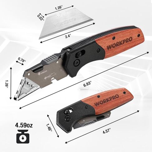 WORKPRO Folding Utility Knife, Razor Blade Knife with Axis Lock, Quick Change Box Cutter, EDC Wood Handle Foldable Pocket Cutter, Extra 10PC SK5 Blades Included in Kuwait