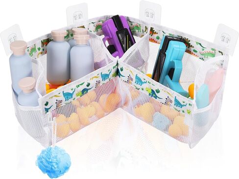 منظم تخزين لعبة حمام الديناصورات ، حامل لعبة حمام 3 مقصورة لأحواض مع فتحات كبيرة ، وسعة كبيرة وشبكة تجفيف سريع - 4 خطافات لاصقة قوية لسهولة الوصول إليها in Kuwait