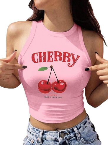 SHENHE Women's Y2k Cherry Tank Top Crew Neck Graphic Fitted Sleeveless Crop Tank Shirt in Saudi Arabia