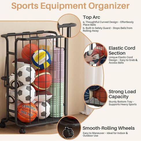 Ornestia Large Garage Ball Storage Rack with Wheels–Garage Ball Rolling Storage Rack with Handle–for Basketball, Soccer, Football, Volleyball, Garage, Gym, Black in Saudi Arabia