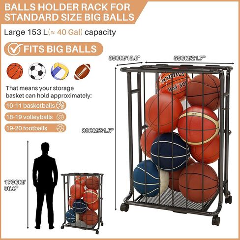 Ornestia Large Garage Ball Storage Rack with Wheels–Garage Ball Rolling Storage Rack with Handle–for Basketball, Soccer, Football, Volleyball, Garage, Gym, Black in Saudi Arabia