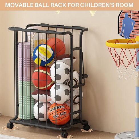 Ornestia Large Garage Ball Storage Rack with Wheels–Garage Ball Rolling Storage Rack with Handle–for Basketball, Soccer, Football, Volleyball, Garage, Gym, Black in Saudi Arabia