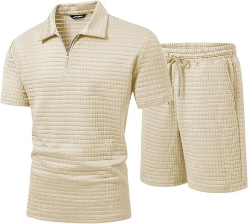 JMIERR Men's 2 Piece Waffle Knit Outfit Half Zip Polo Shirt and Shorts Textured Summer Set in Saudi Arabia