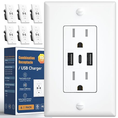 Amico 6.0A USB Outlet 6 Pack، 3 منافذ حائط 30 وات مع 2 نوع A و1 نوع C، قابس مقبس 15 أمبير، وعاء مقاوم للعبث، لوحة حائط متضمنة، قائمة ETL، أبيض in Kuwait